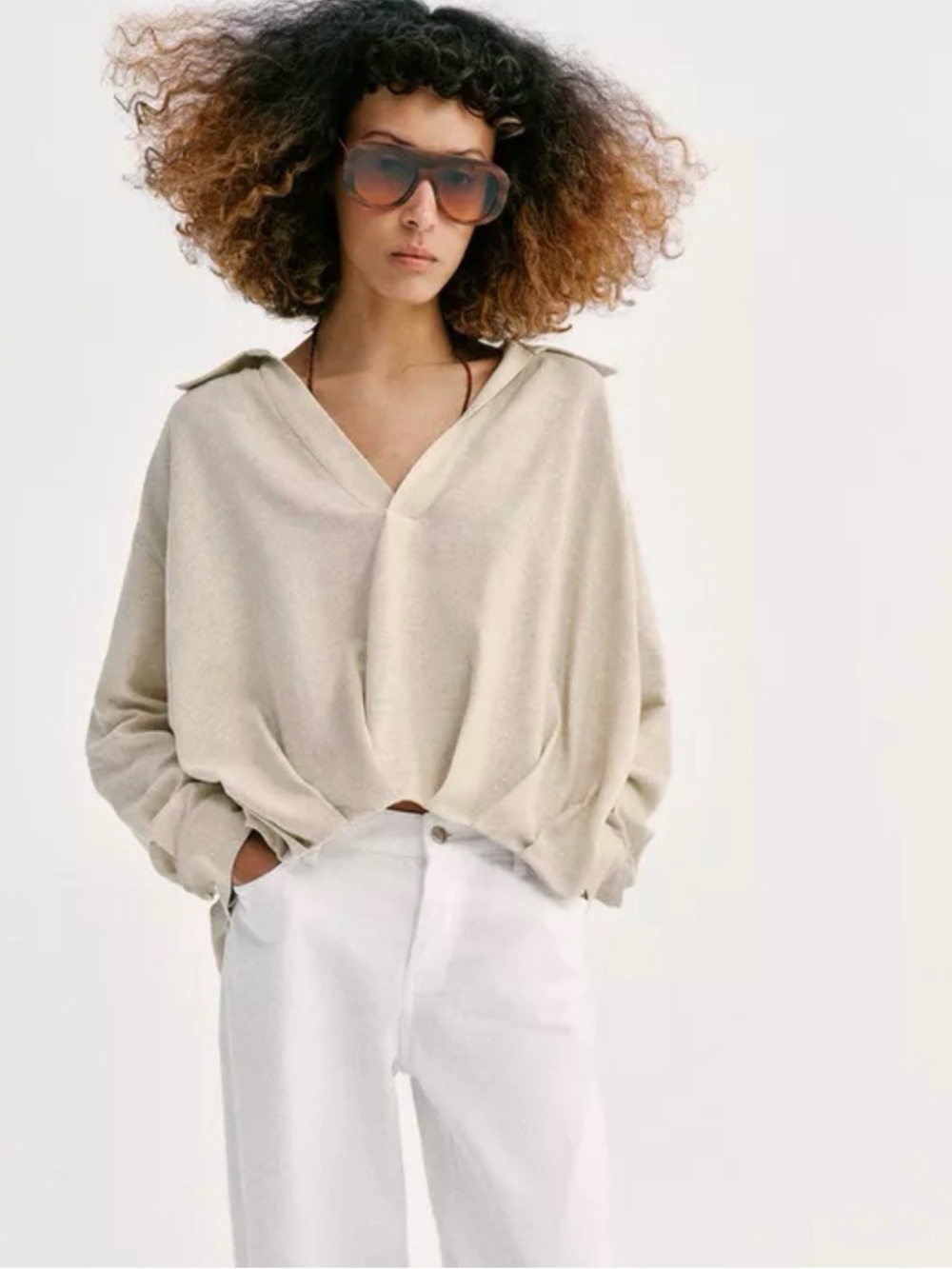 Relaxed V-Neck Collared Pullover - Beige